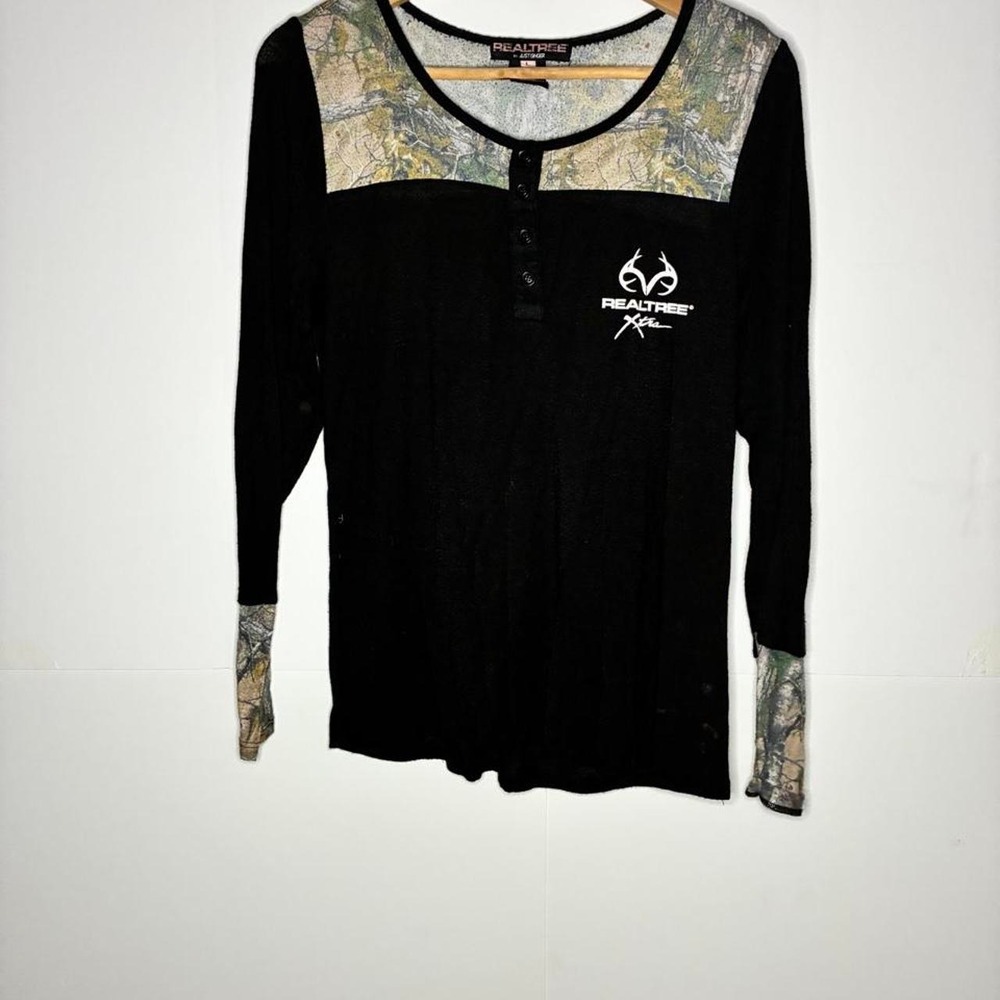 Realtree camo long sleeve womens shirt with black body and camouflage